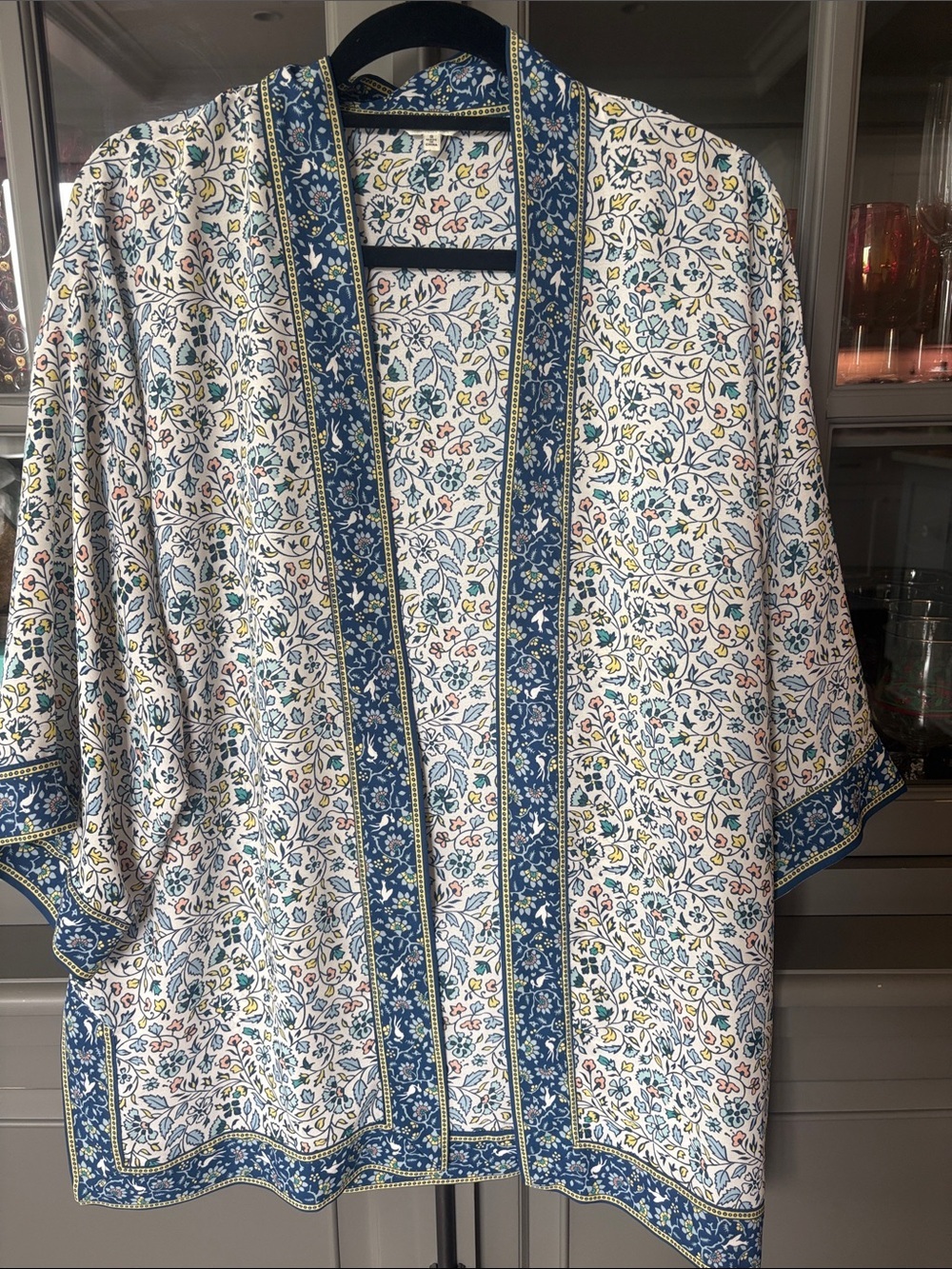 Max Studio Kimono Wrap Womens Small Blue Floral Border Print